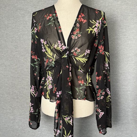 Forever 21 Whimsigoth Sheer Top Ruffled Size M Floral Kimono Witchy Dark Romance - Picture 1 of 10